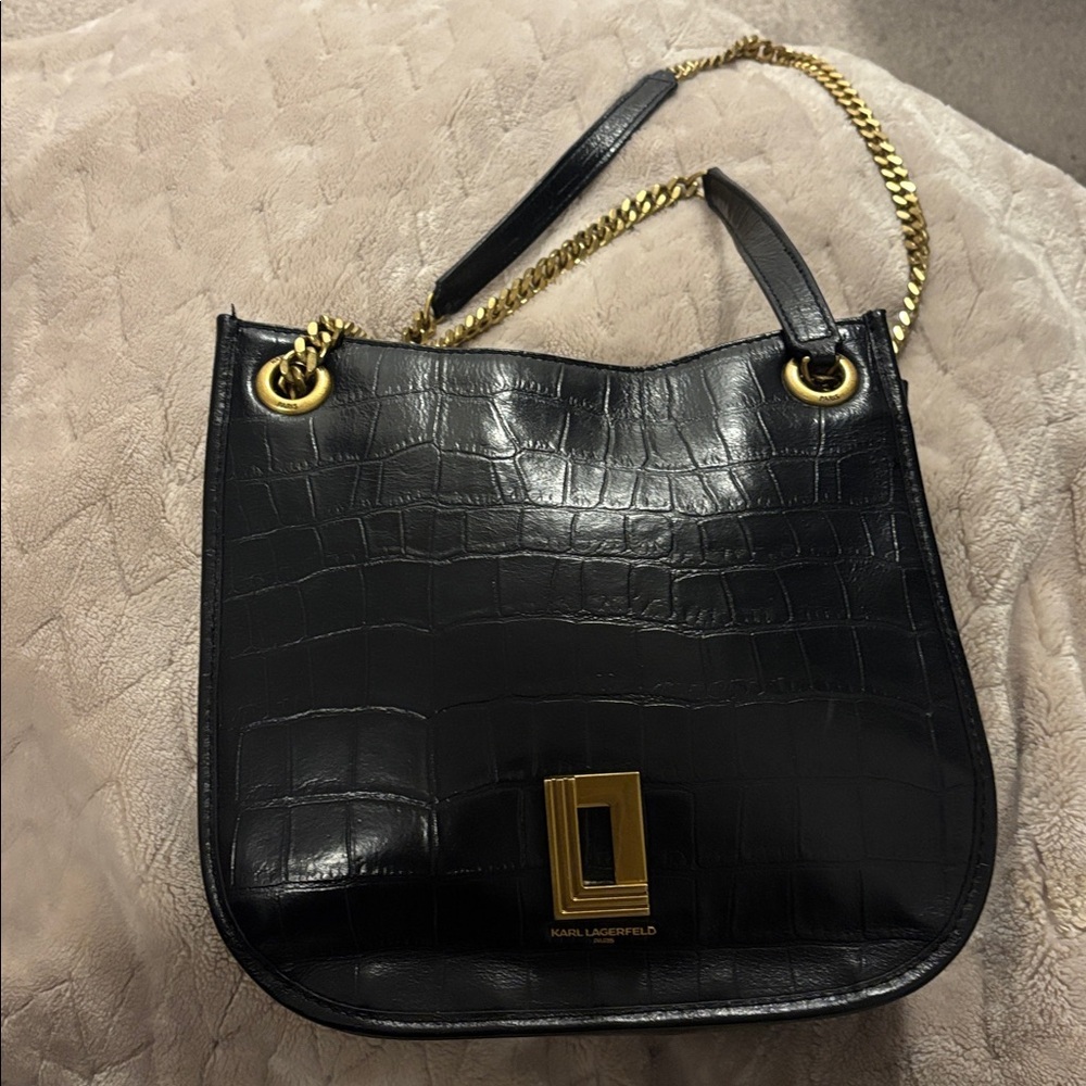 Karl Lagerfeld Paris Black Croc-Embossed Leather gold chain strap hobo bag - Picture 9 of 16